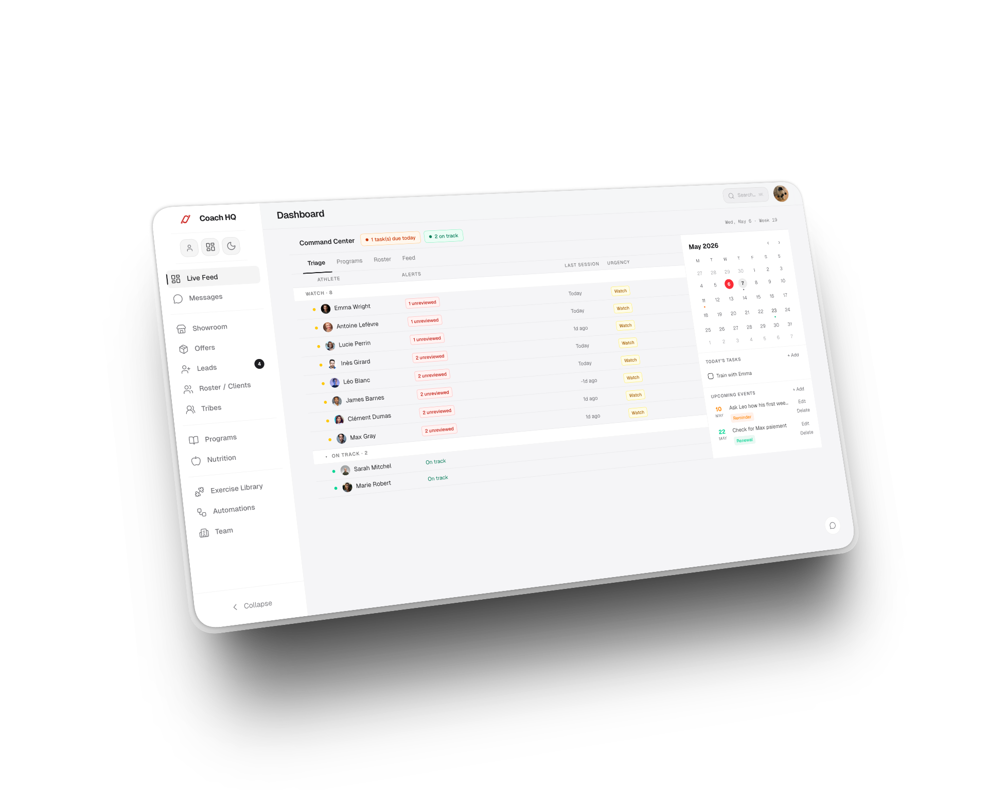 Desktop coaching dashboard mockup