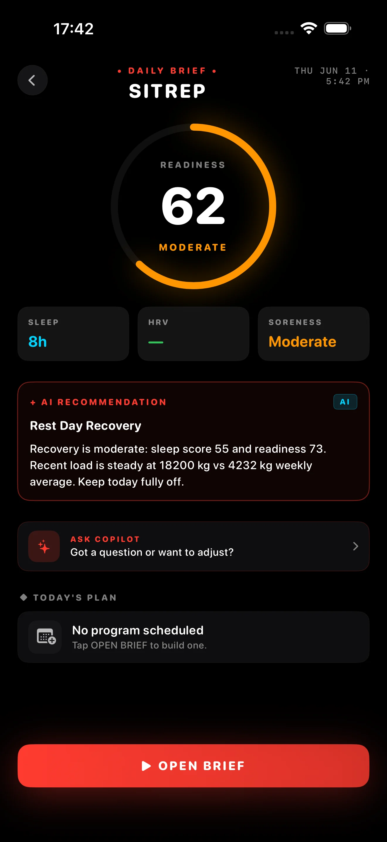 ZON daily readiness brief with sleep, HRV and soreness