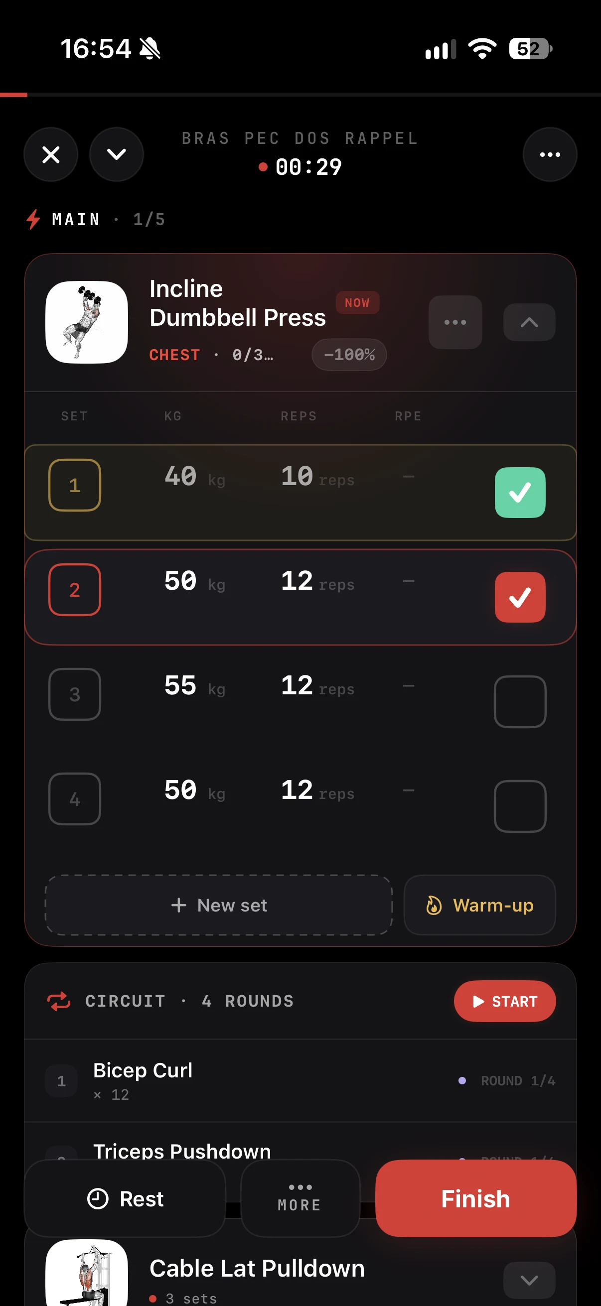 ZON live workout with sets, weight, reps and a circuit