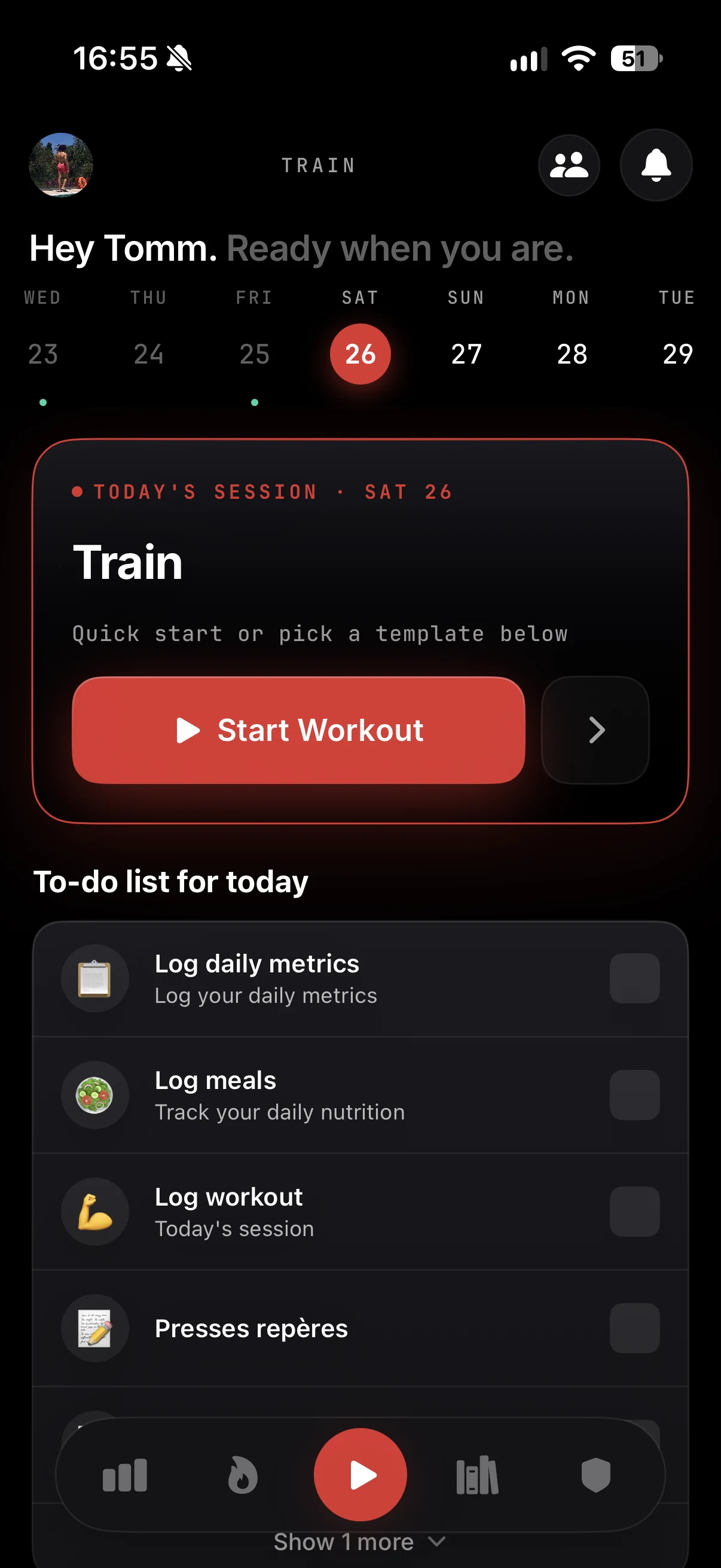 ZON Train screen with the week strip, today's session and the to-do list